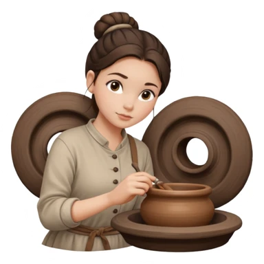 Brunette girl with a bun, behind the potter's wheel, wearing neutral clothing sticker