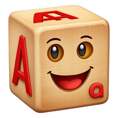 A wooden alphabet block with letter A and a cute smiling face sticker