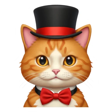 Cute emoji-style orange tabby cat wearing a black top hat with a red band and a red bow tie, big round eyes, fluffy fur, clean mascot style, centered, transparent background, 1:1 ratio. sticker