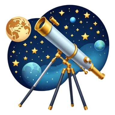 An icon featuring a telescope, stars, and a planet, symbolizing astronomy. The design includes a crescent moon, distant galaxies, and constellations, representing the study of space and celestial bodies. Transparent background highlights the exploration of the universe and cosmic phenomena. sticker