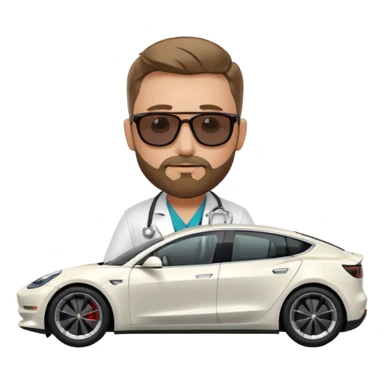 White tesla model 3 and one cool physician with dark blond hair, beard, stetoscope and dark sunglasses next to it sticker