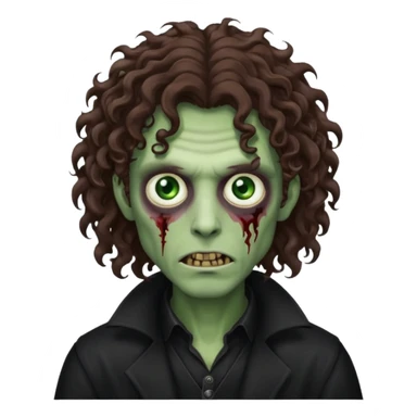 long curly haired male zombie with brown hair color and green eye color, with dark vampire clothes sticker