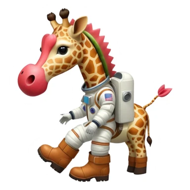 watermelon body with only the head of a giraffe poking out, wearing brown boots and an astronaut helmet sticker