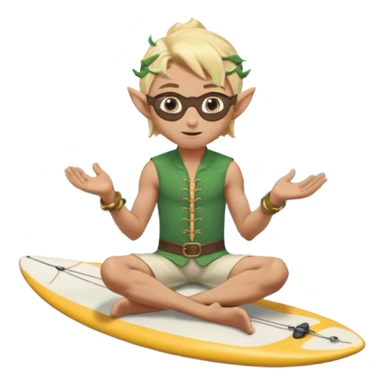 elf male legolas sitting on surfboard (ashore), hands manipulating two orbs of swirling seawater giving a "massage" to his own shoulders, wearing relaxed linen shorts over swimwear, tinted elven sunglasses, pointy ears, content expression, centered emoji sticker