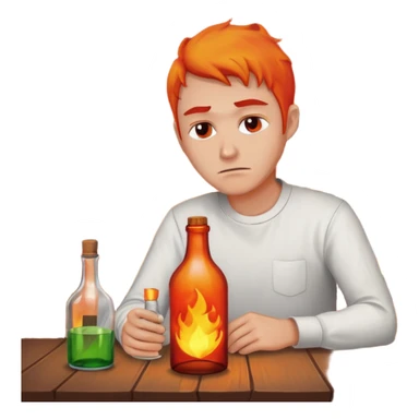 apple style emoji of a sad man at a table with a bottle, burning house in the background sticker