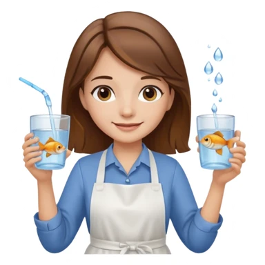 A girl with brown hair wearing an apron and holding a fish and a cup of water in another hand sticker