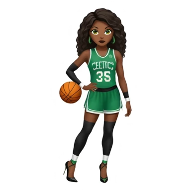 A 45-year-old black woman with long black brown baylaige hair dressed in sexy 
celtics jersey costume outfit and stilettos  sticker