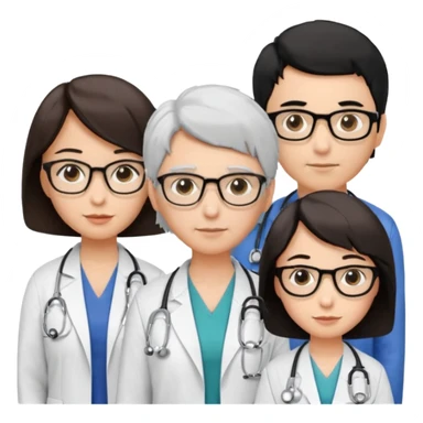 Create four doctors grouped together. Place a female doctor with dark brown short bob hair prominently in the front. Behind her, include:

a doctor with white hair wearing glasses,

a young male doctor with black hair and no glasses,

and a female doctor with black short bob hair wearing glasses. sticker