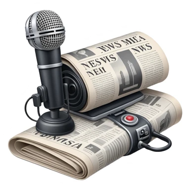 An icon featuring a microphone, a newspaper, a reporter’s camera, and soundwaves, representing journalism and mass media. The design includes headlines and imagery, symbolizing the spread of news and information. Transparent background highlights the power of communication and media. sticker