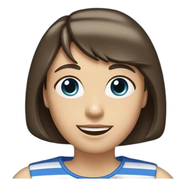 caucasian woman with dark brown hair a bob haircut, bangs, braces on teeth, blue and white striped t shirt sticker