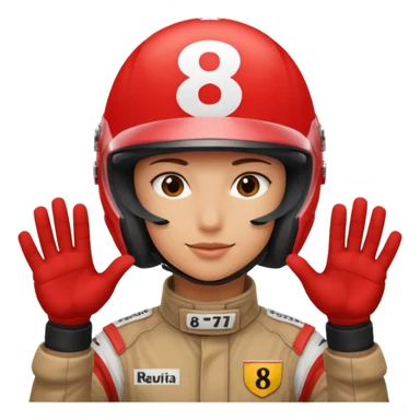 Person wearing red f1 helmet with hands saying 8 7 sticker