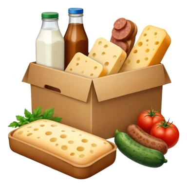 a box of groceries, sausage, cheese, canned meat, herbs, milk, tomatoes, cucumbers, and a loaf of bread sticker