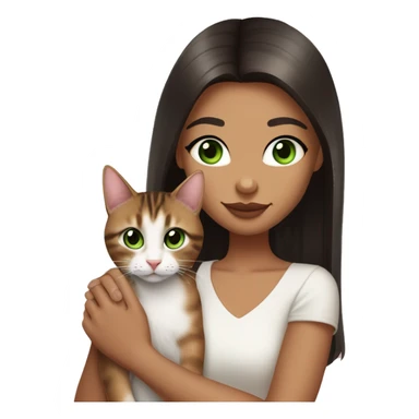 A girl with green eyes and dark brown straight hair, and makeup nude lipstick  and eyelashes, slightly tanned, oval light pink fingernails ,white top, holding a brown tabby cat with green eyes  sticker