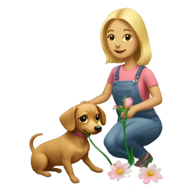 Blonde woman and chiweenie planting flower sticker