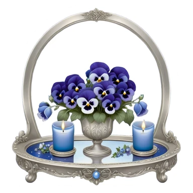 An enchanting nighttime scene where rich blue pansies bloom in a mystical landscape, their petals appearing almost luminous under the soft radiance of a silver crescent moon. A pearl-colored candle, embellished with intricate celestial symbols, sits atop an antique mirror tray, reflecting its warm glow. Wisps of silver mist curl around the flowers, and tiny glowing stars seem to hover just above the ground, adding to the dreamlike atmosphere. In the distance, a faint silhouette of a gothic archway frames the moon, enhancing the scene’s otherworldly beauty. sticker