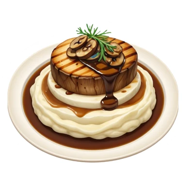 Filet with mashed potato’s, grilled onions and mushrooms, and gravy  sticker