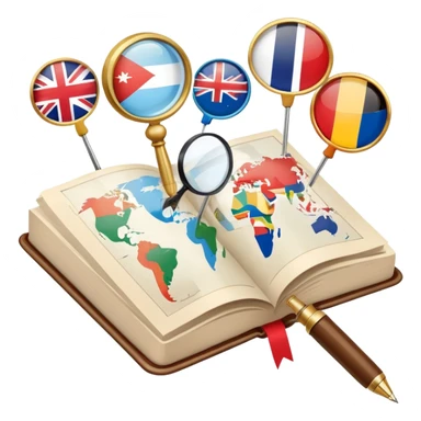 An icon featuring an open book, a pen, and speech bubbles, symbolizing philology and linguistics. The design includes alphabet letters, a magnifying glass, and flags of different countries, representing global languages and communication. Transparent background highlights language study. sticker