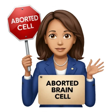 Kamala Harris holding a sign that says “ I aborted my last brain cell” sticker
