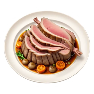Roast Lamb Cinematic Realistic Roast Lamb Dish Emoji, depicted as thinly sliced roast lamb arranged artfully on a plate, rendered with rich textures and warm, inviting lighting. sticker