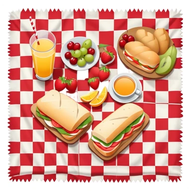 picnic with sandwiches, fruits, and drinks on a red and white checkered blanket sticker