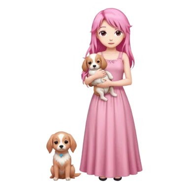 Pastel anime lady long hair pink long dress full body holding puppy sticker