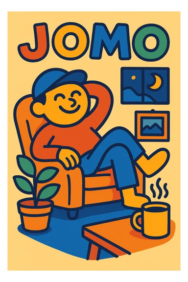 Slack emoji for JOMO, smiling character lounging at home, acronym 'JOMO' in playful text, vibrant toon style sticker