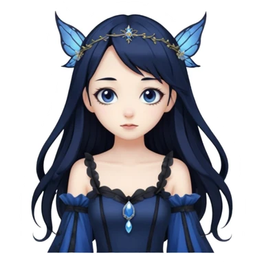 Gothic anime fairy with long beautiful black hair and dark blue dress, pastelcore, sticker