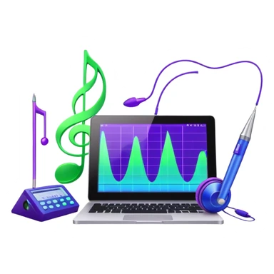 Create a creative and inspiring emoji that represents writing music tracks. The design should feature musical notes, a pen or pencil, and a digital audio workstation (DAW) interface or a computer screen with a visible waveform, symbolizing the process of composing and arranging a track. Add elements like a metronome or a pair of headphones to reflect the recording and editing aspects. Use vibrant colors like electric blue, purple, or neon green to represent creativity and innovation in music production. The background should be transparent. sticker