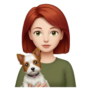 Westie dog being held by woman with dark shoulder length red hair and hazel eye wearing olive green top sticker