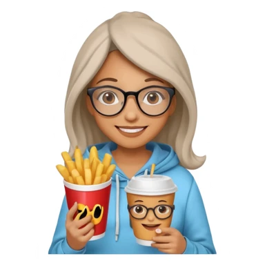 Woman with Glasses & Fries – cheerful woman in hoodie, holding paper cup of fries.





































 sticker