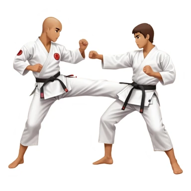 Two karate fighters in traditional gi sparring. One executes a high kick aimed at the opponent’s head, while the other blocks with a strong hand defense. The background features a classic dojo with wooden flooring and banners. Dynamic motion and focused expressions. Transparent background. sticker