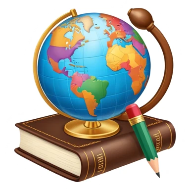 An icon featuring a globe with speech bubbles in different languages, symbolizing the study of foreign languages. The design includes a book and a pencil, representing learning and communication across cultures. Transparent background highlights the global nature of language education. sticker
