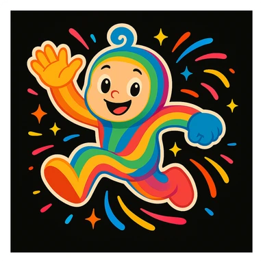 Replace the mascot in this image with the same unified mascot character used in the other two images. Maintain the colorful motion lines, sparkles, and dynamic accents to keep the playful, energetic, and imaginative vibe suitable for a black website background. sticker