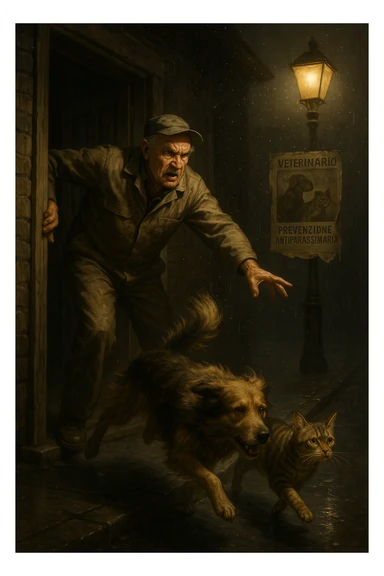 Un uomo anziano in tuta da lavoro, con espressione arrabbiata, butta fuori i suoi animali con aperta la porta di casa mentre il suo cane (un meticcio a pelo lungo) e il gatto (soriano) scappano nella strada buia sotto la pioggia. Particelle di polvere/pulci fluttuano nell'aria illuminata dal lampione. Sullo sfondo, un poster strappato del veterinario con scritto 'Prevenzione antiparassitaria'. Stile fotorealistico, illuminazione Caravaggesca, toni grigi e ocra. in italiano sticker