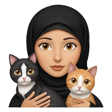 A Arabic woman human with brown eyes and black hijab. , the human is a human no cat ears, two cats, the both cats have the colour black and white in the same colour, not orange cat,  NO CAT EARS ON THE HUMAN ,  sticker