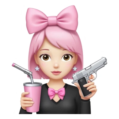 Minimalist figure with a cute pink aesthetic. It has a sparkly pink bow on its head, a pink gun keychain hanging nearby, and is holding a large plain pink tumbler cup. The background is simple white with a soft shadow for a clean look. sticker