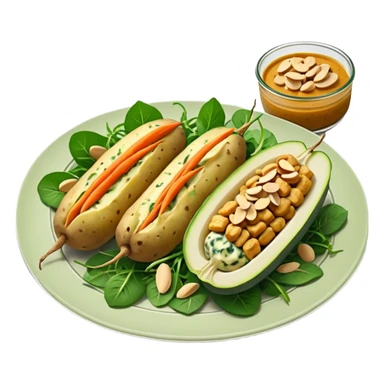 Potatoes stuffed with a filling of cashews, tofu, chives and almonds baked with a cheesy peanut-spinach sauce and smoked tempeh + a salad of fennel-marinated zucchini and carrots served with pickled cucumber and arugula.  sticker