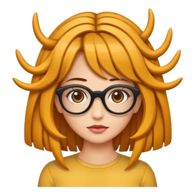 Uma garota de cabelos encaracolados compridos e mechas bem loiras, com pele morena  e óculos sticker