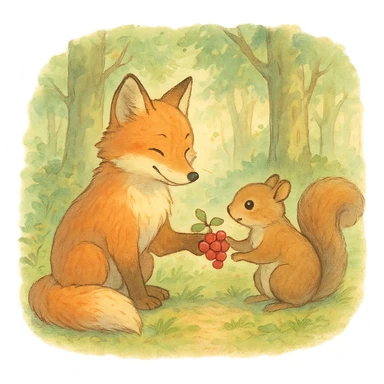 a fox and squirrel sharing berries in a forest friendship scene, soft pastel colors, ghibli style sticker