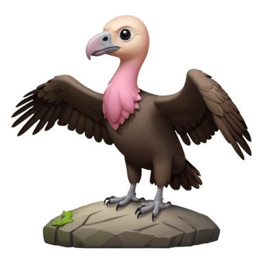 a vulture — large bird with dark brown feathers, bald pinkish head, curved beak and sharp eyes — standing proudly on a rock — wings slightly open — realistic yet cute cartoon emoji look, clean lighting, soft shadows. sticker