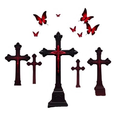 A hauntingly beautiful scene with Gothic crosses shrouded in deep red mist, as crimson butterflies flutter around them. The atmosphere is dark yet mesmerizing, with shades of red and black blending into an eerie glow.
 sticker