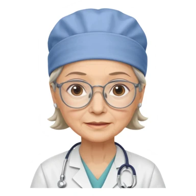 older woman doctor with scrub cap no smile sticker