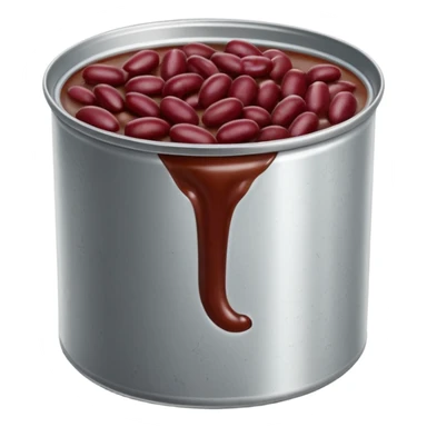 open metal can filled with glossy dark red kidney beans in thick slightly starchy liquid, beans plump smooth gently mounded in plain partially opened tin can, no label or extras, apple emoji style, soft lighting, subtle shadows, transparent background, emoji scale sticker