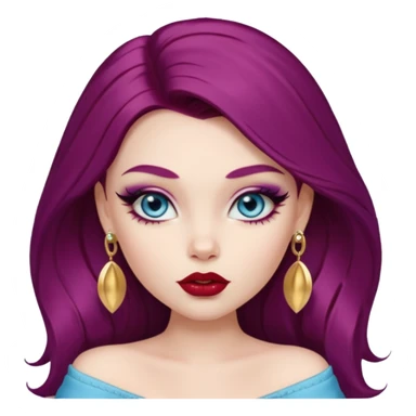 pale skin, girly bratz baddie, stunning baby blue eyes, professional makeup, long thick burgundy purple hair, plump red lips with a gold lip earring, who is an artist and content creator  sticker