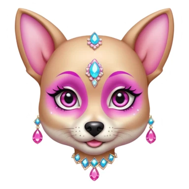 glamorous dog portrait, head and shoulders only, exaggerated pink makeup, bright eyeshadow, long eyelashes, shiny blush cheeks, sparkling face gems, glitter accents, elegant earrings, fantasy beauty style, cute 3D cartoon, mobile game icon style, clean background, no text, no watermark
 sticker