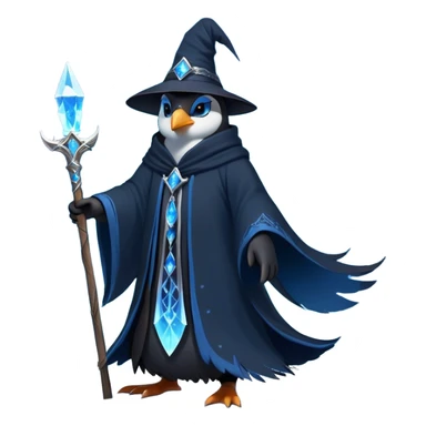 A mysterious penguin mage with sleek midnight-blue feathers, wearing a flowing black robe adorned with silver runes. A tall, pointed wizard hat sits slightly tilted on his head, the brim casting a shadow over his glowing icy-blue eyes. His flipper clutches an ancient wooden staff topped with a swirling crystal, radiating a soft, cold light. Snowflakes drift around him as he stands on a frozen cliff, his aura crackling with arcane energy, ready to summon a blizzard with a flick of his staff. sticker