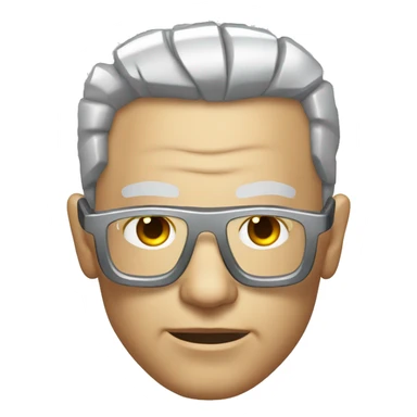 Older Male cyborg head with metallic plated face, brown flat top haircut, glasses and circuitry sticker