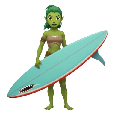 orc female holds a little surfboard with a shark painted vertically in his hands sticker
