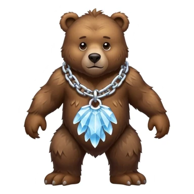 Fierce brown bear walking on four paws with an ice chain necklace, frozen chain links made of crystal clear ice, serious face sticker