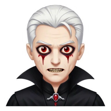 Creat a young man Vampire with white skin and white hair "make him have slide back hair" and full black vampire clothes and bloody eyes and long fangs and scary dead eyes sticker